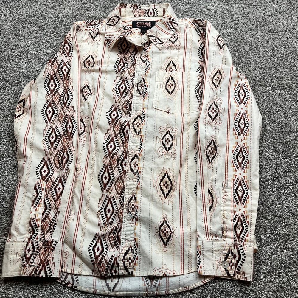 Shyanne Western Shirt Womens XS Cream Brown Aztec Print Long Sleeve Button Up‎